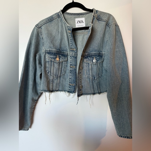 Zara Jackets & Blazers - Zara Blue Frayed Hem Denim Crop Jacket